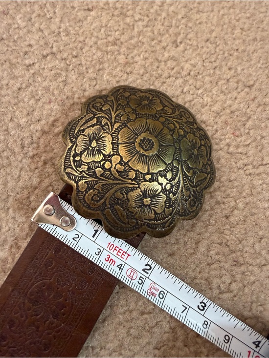 Garnet hill southwestern tooled leather oversized brass flower buckle belt main image 15